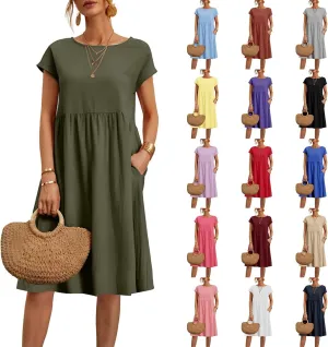 Linen Dresses for Women 2025 Summer Plus Size Short Sleeve Midi Dress Casual Loose Flowy Beach Sundresses with Pockets