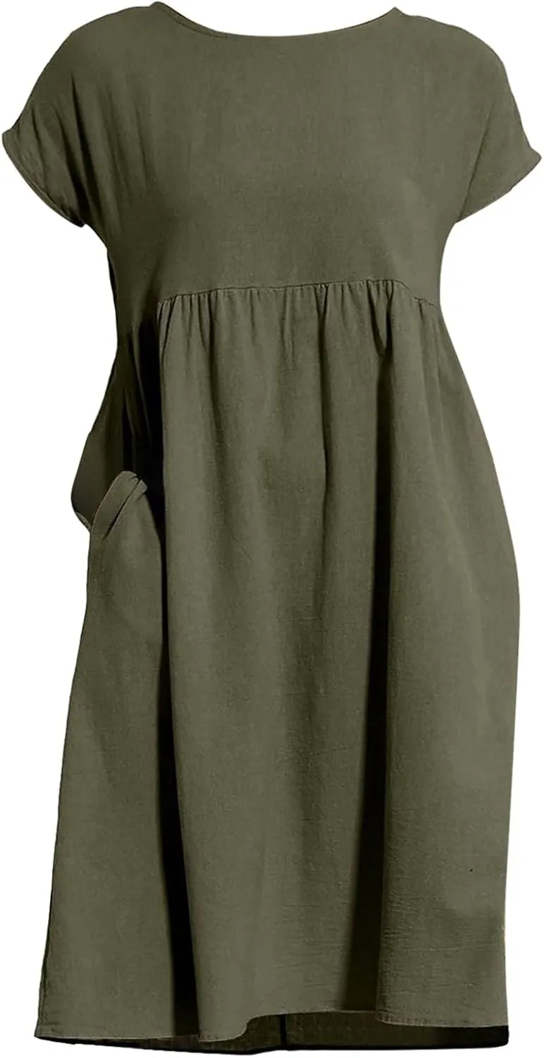 Linen Dresses for Women 2025 Summer Plus Size Short Sleeve Midi Dress Casual Loose Flowy Beach Sundresses with Pockets