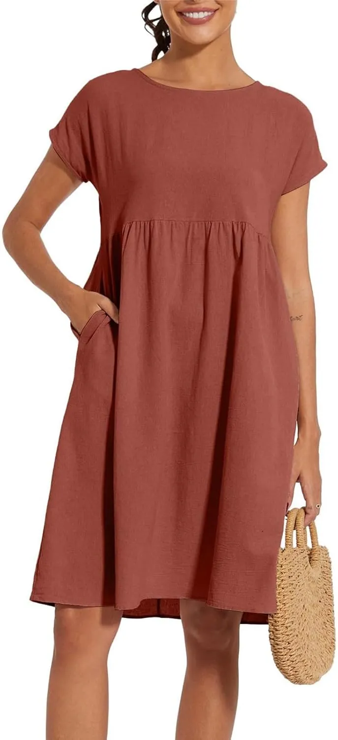 Linen Dresses for Women 2025 Summer Plus Size Short Sleeve Midi Dress Casual Loose Flowy Beach Sundresses with Pockets
