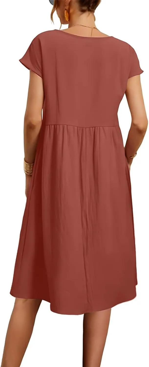 Linen Dresses for Women 2025 Summer Plus Size Short Sleeve Midi Dress Casual Loose Flowy Beach Sundresses with Pockets