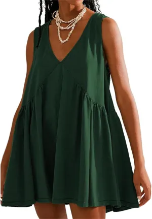 LOFAAC Women 2024 Summer V Neck Sleeveless Mini Dress Casual Loose Pleated Flowy Sundress 90s Beach Tank Dress with Pockets