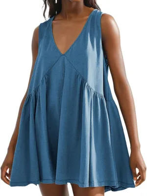 LOFAAC Women 2024 Summer V Neck Sleeveless Mini Dress Casual Loose Pleated Flowy Sundress 90s Beach Tank Dress with Pockets