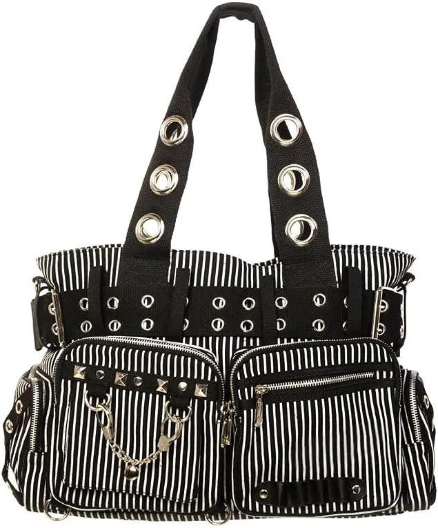 Lost Queen Striped Punk Rock Steampunk Purse with Handcuff Skull Charm