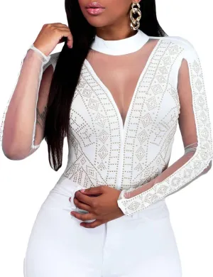Lrady Women's Sheer Mesh Turtleneck Neck See Through Leotard Bodysuit Body Tops