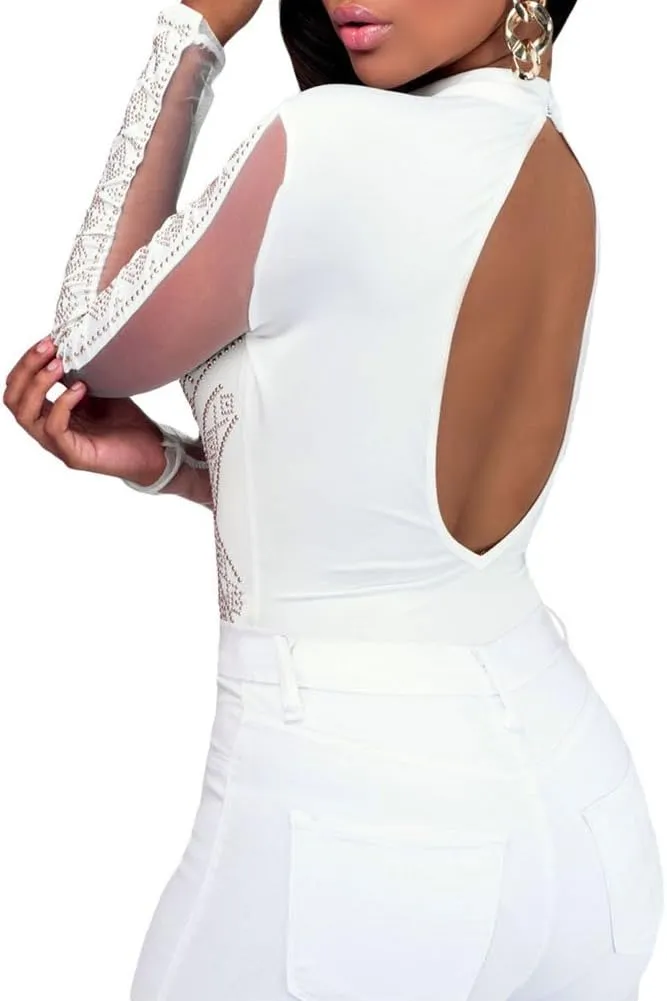 Lrady Women's Sheer Mesh Turtleneck Neck See Through Leotard Bodysuit Body Tops