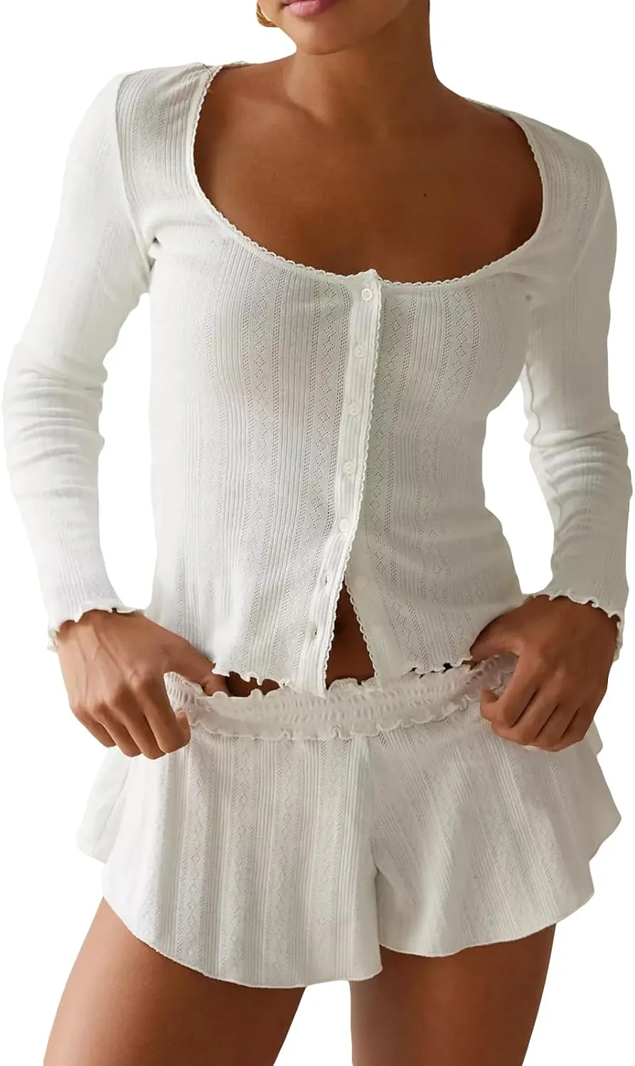 Luckinbaby Women Cute Pajamas Set Long Sleeve Button Down Top Ruffle Shorts 2 Piece Lounge Sets Y2k Sleepwear