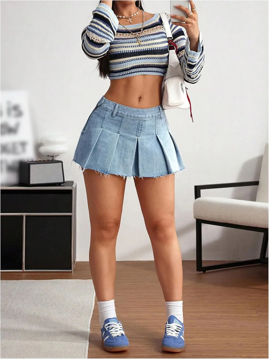 MakeMeChic Women's Pleated Flared Hem Jean Shirts Raw Hem A Line Summer Mini Denim Skirt