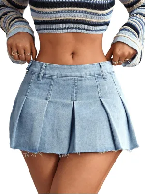 MakeMeChic Women's Pleated Flared Hem Jean Shirts Raw Hem A Line Summer Mini Denim Skirt