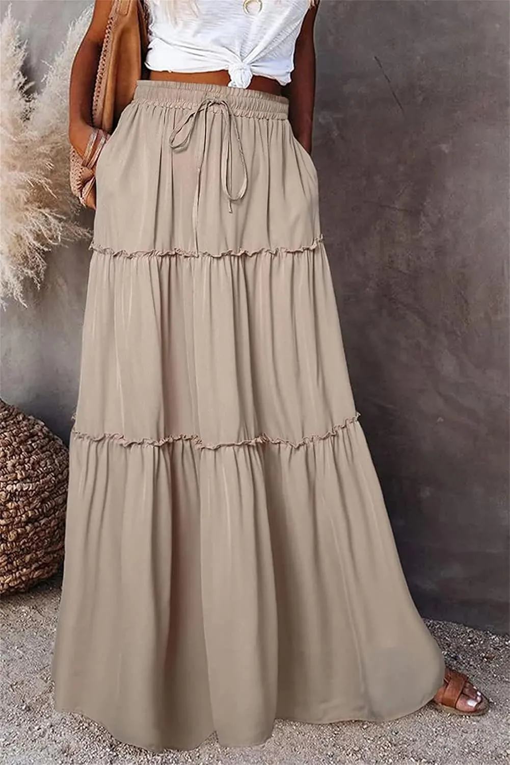 Maxi Skirts for Women High Waist Bohemian A Line Tiered Skirt Summer Casual Pleated Flowy Swing Beach Long Skirt