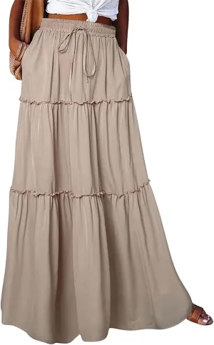 Maxi Skirts for Women High Waist Bohemian A Line Tiered Skirt Summer Casual Pleated Flowy Swing Beach Long Skirt