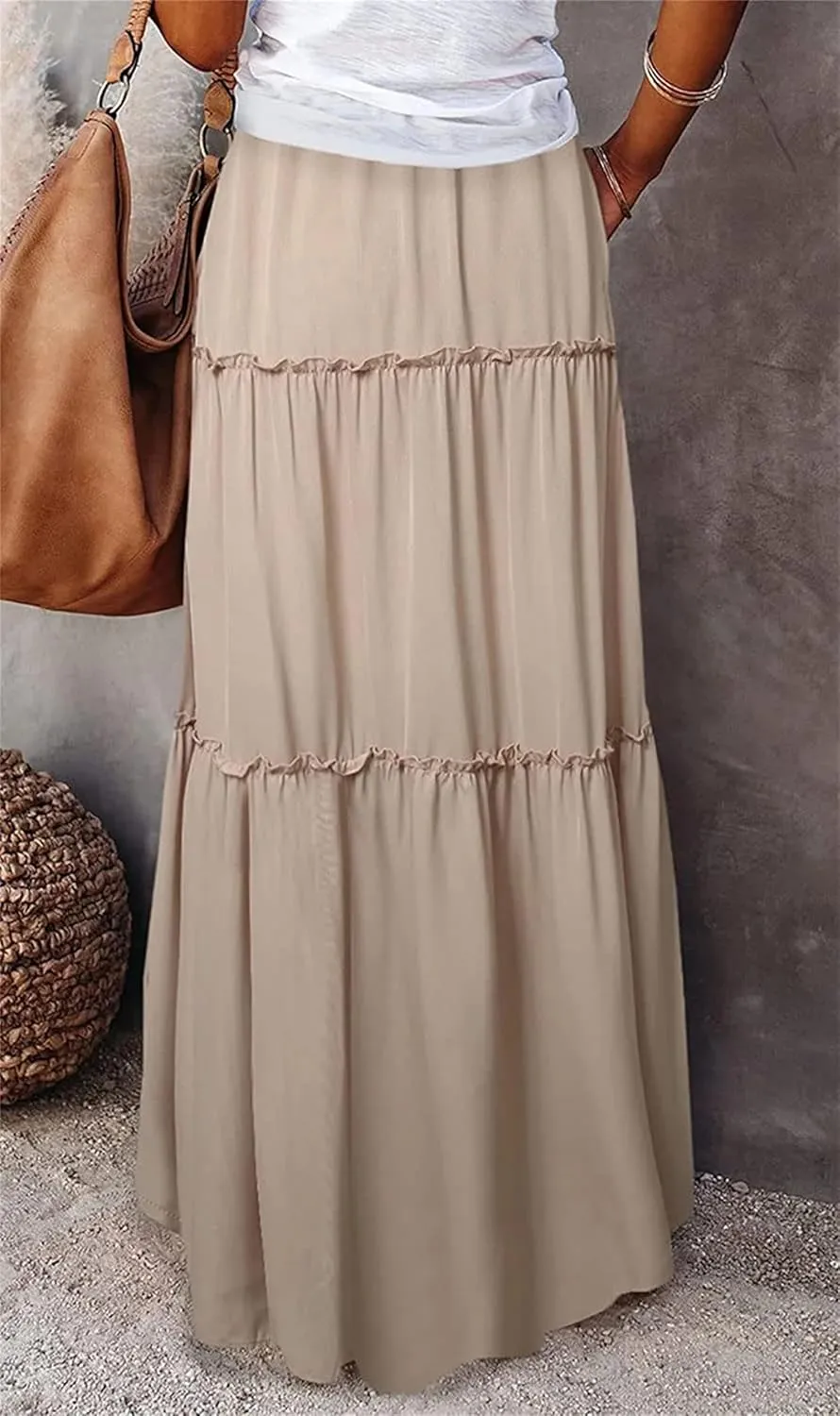 Maxi Skirts for Women High Waist Bohemian A Line Tiered Skirt Summer Casual Pleated Flowy Swing Beach Long Skirt