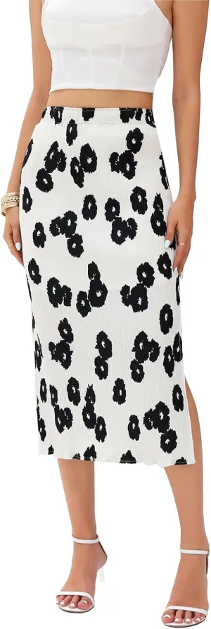 Maxi Skirts for Women with Slit Long Midi Length Floral Elastic Pleated Skirt for Party Holiday