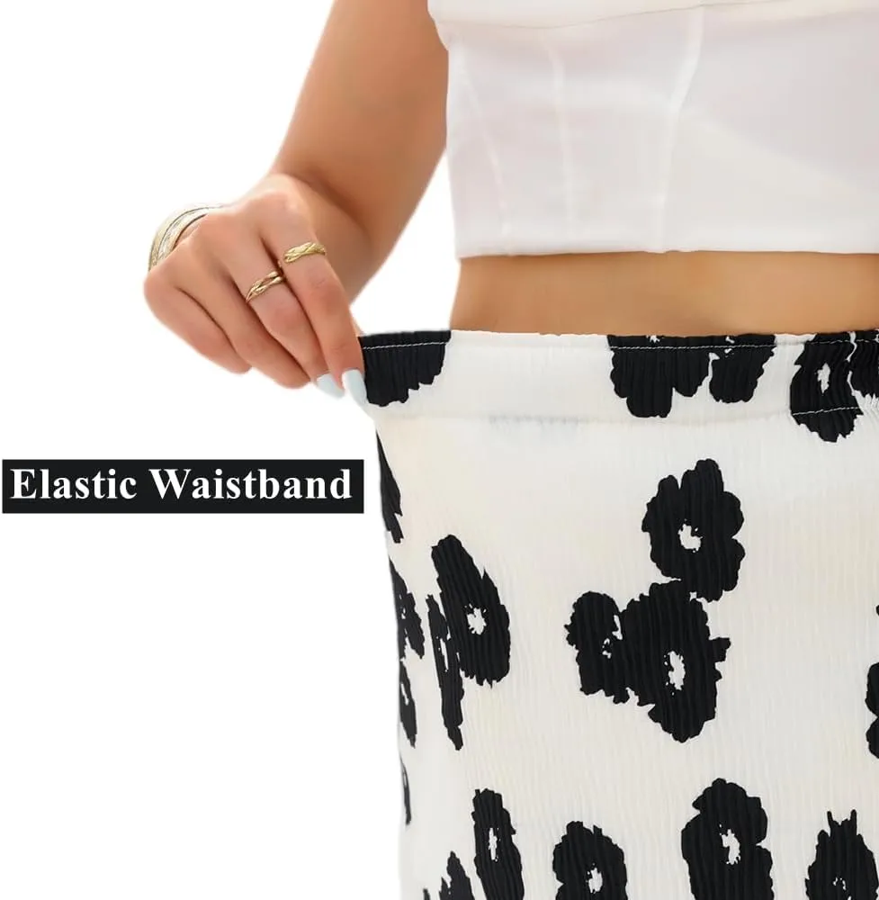 Maxi Skirts for Women with Slit Long Midi Length Floral Elastic Pleated Skirt for Party Holiday
