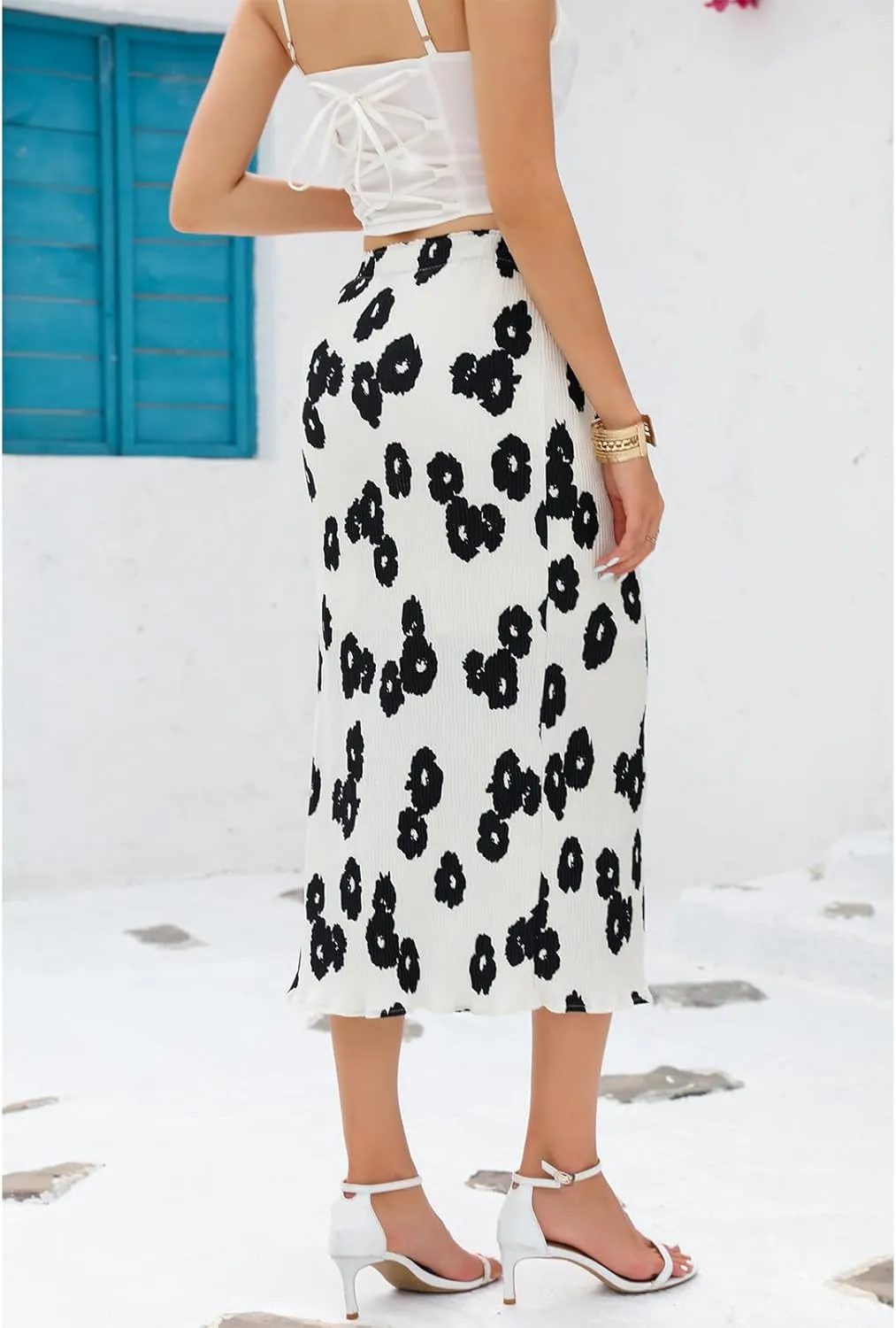 Maxi Skirts for Women with Slit Long Midi Length Floral Elastic Pleated Skirt for Party Holiday