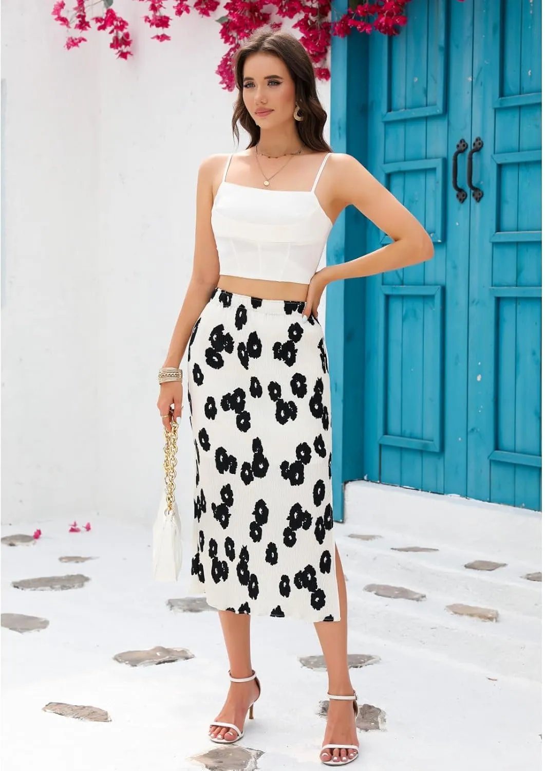 Maxi Skirts for Women with Slit Long Midi Length Floral Elastic Pleated Skirt for Party Holiday