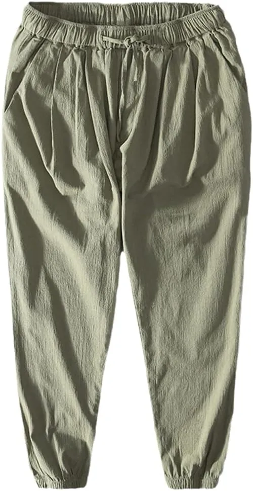 Men Summer Thin Harem Pants Cotton Made Drawstring Retro Cargo Trousers GN