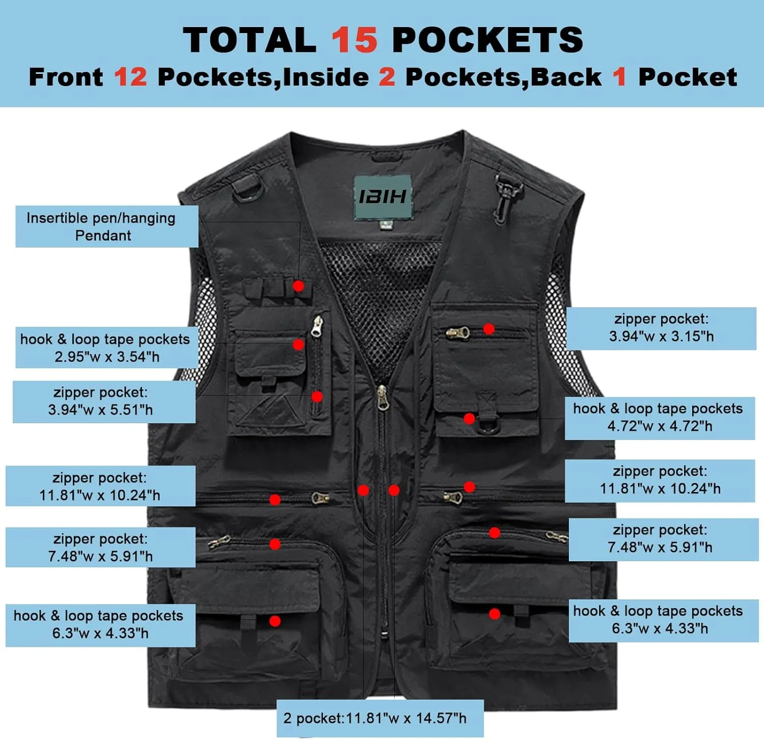 Mens Outdoor Vest Breathable Quick-Dry Fishing Vest Camping Hiking Lightweight Vest with Multi-Pocket