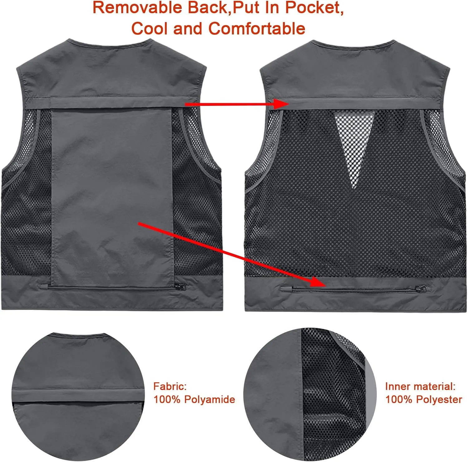 Mens Outdoor Vest Breathable Quick-Dry Fishing Vest Camping Hiking Lightweight Vest with Multi-Pocket