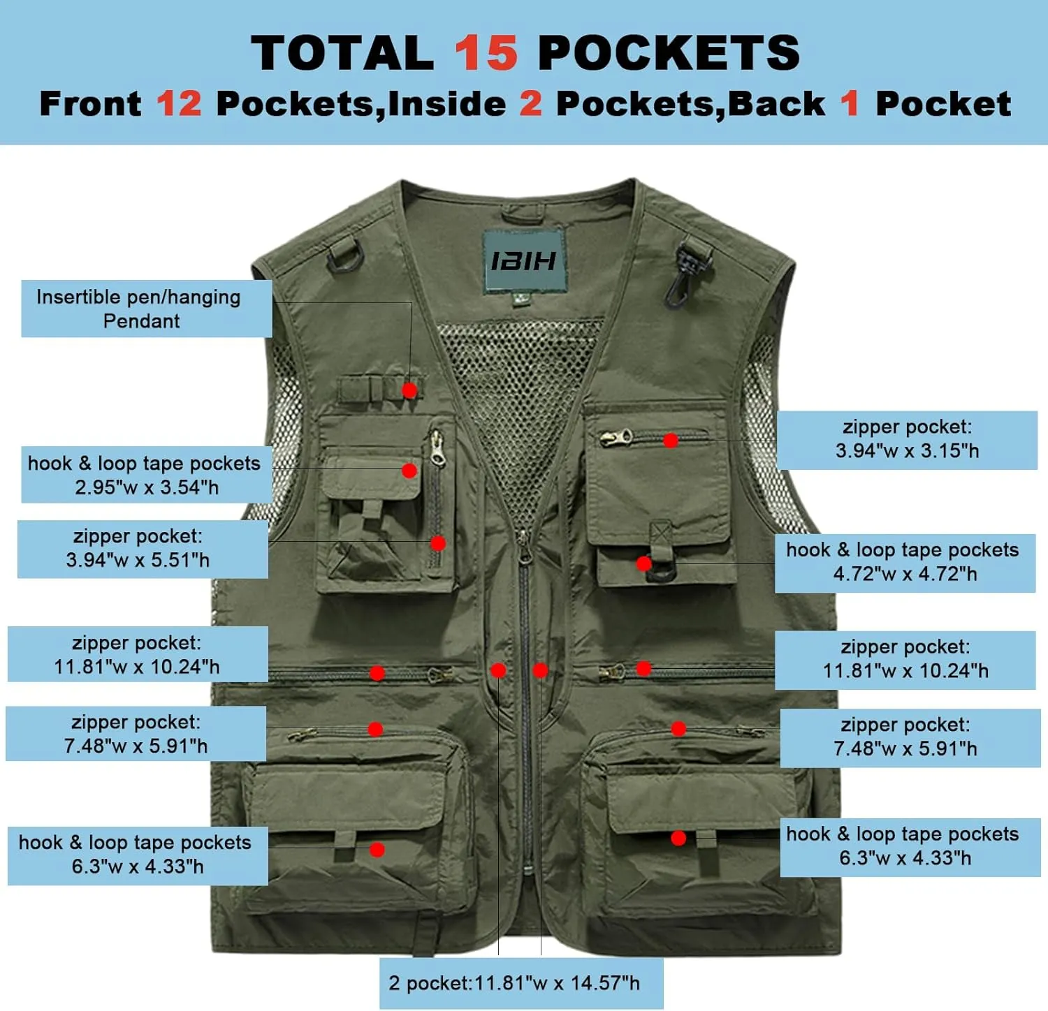 Mens Outdoor Vest Breathable Quick-Dry Fishing Vest Camping Hiking Lightweight Vest with Multi-Pocket