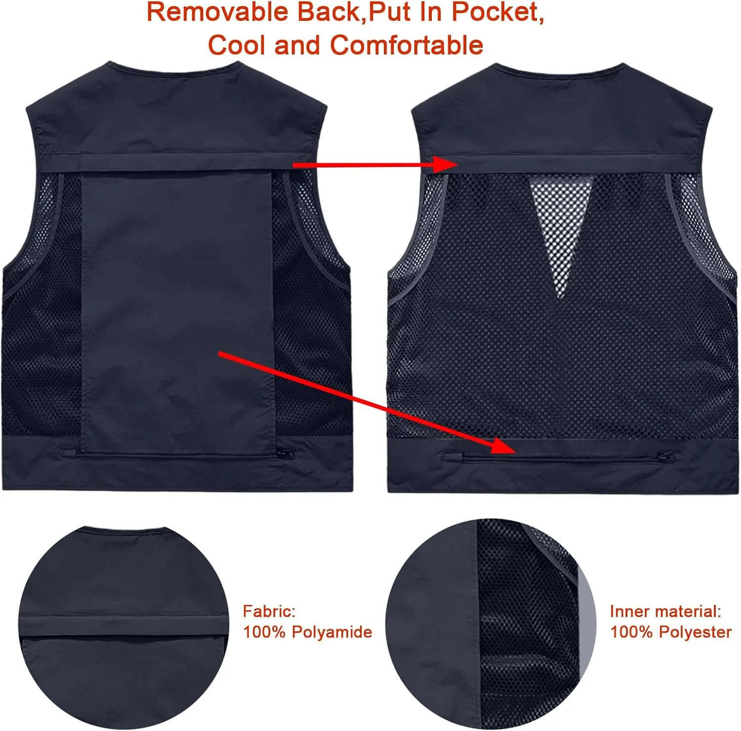 Mens Outdoor Vest Breathable Quick-Dry Fishing Vest Camping Hiking Lightweight Vest with Multi-Pocket