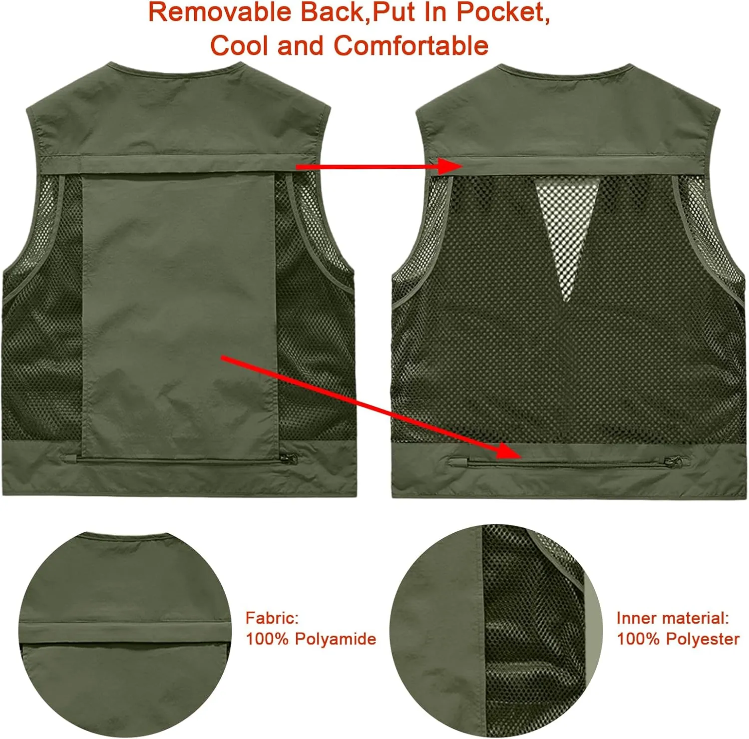 Mens Outdoor Vest Breathable Quick-Dry Fishing Vest Camping Hiking Lightweight Vest with Multi-Pocket
