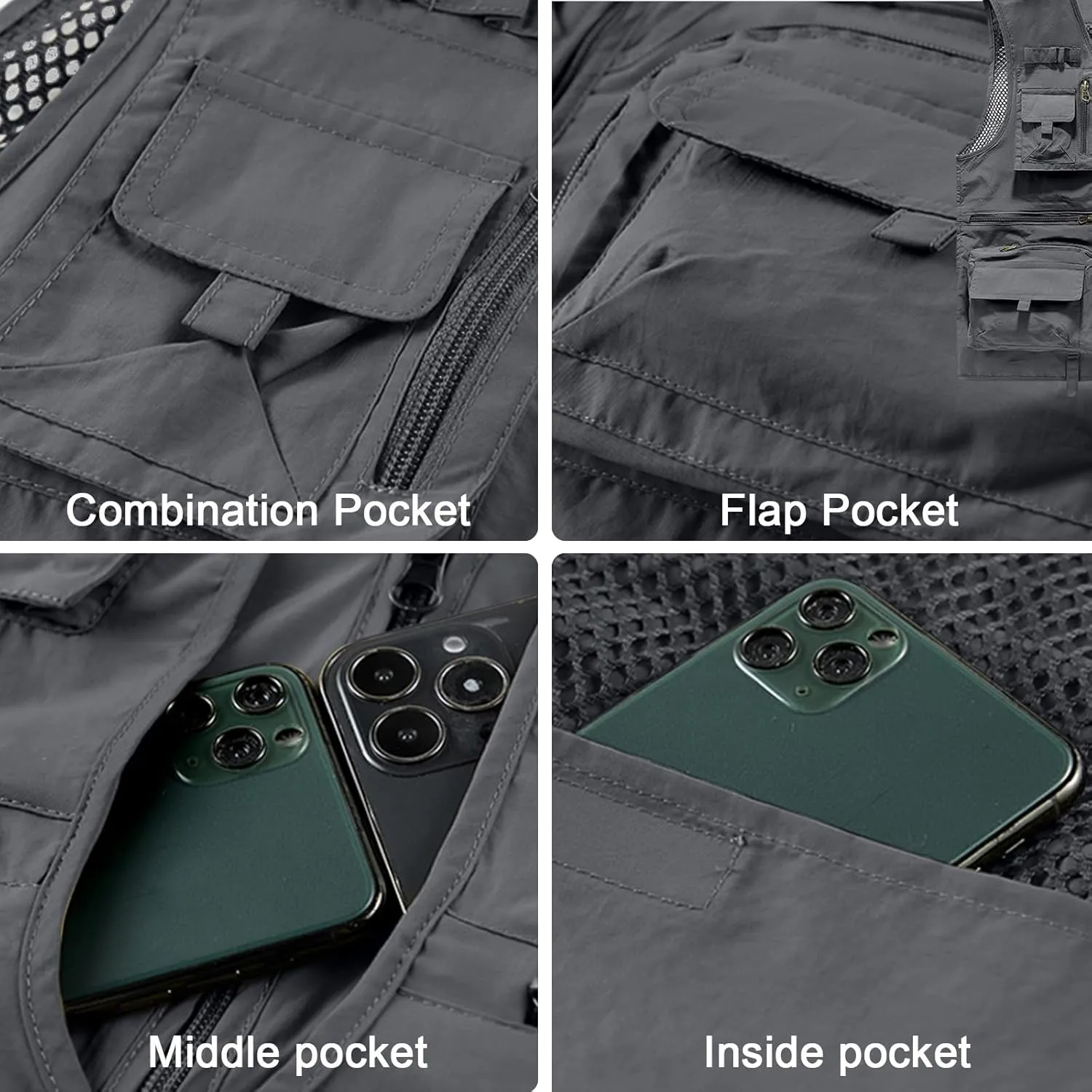 Mens Outdoor Vest Breathable Quick-Dry Fishing Vest Camping Hiking Lightweight Vest with Multi-Pocket