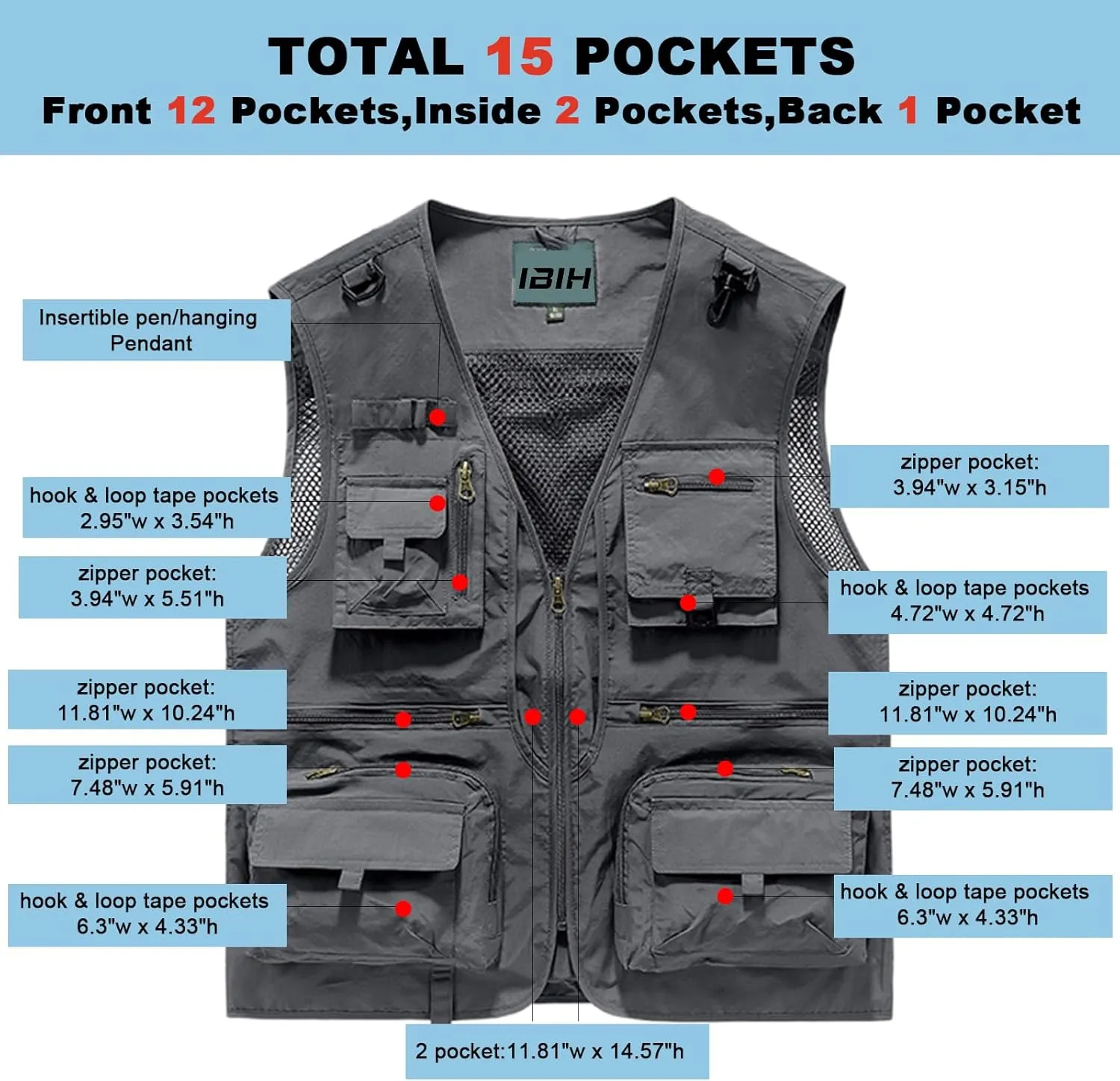 Mens Outdoor Vest Breathable Quick-Dry Fishing Vest Camping Hiking Lightweight Vest with Multi-Pocket