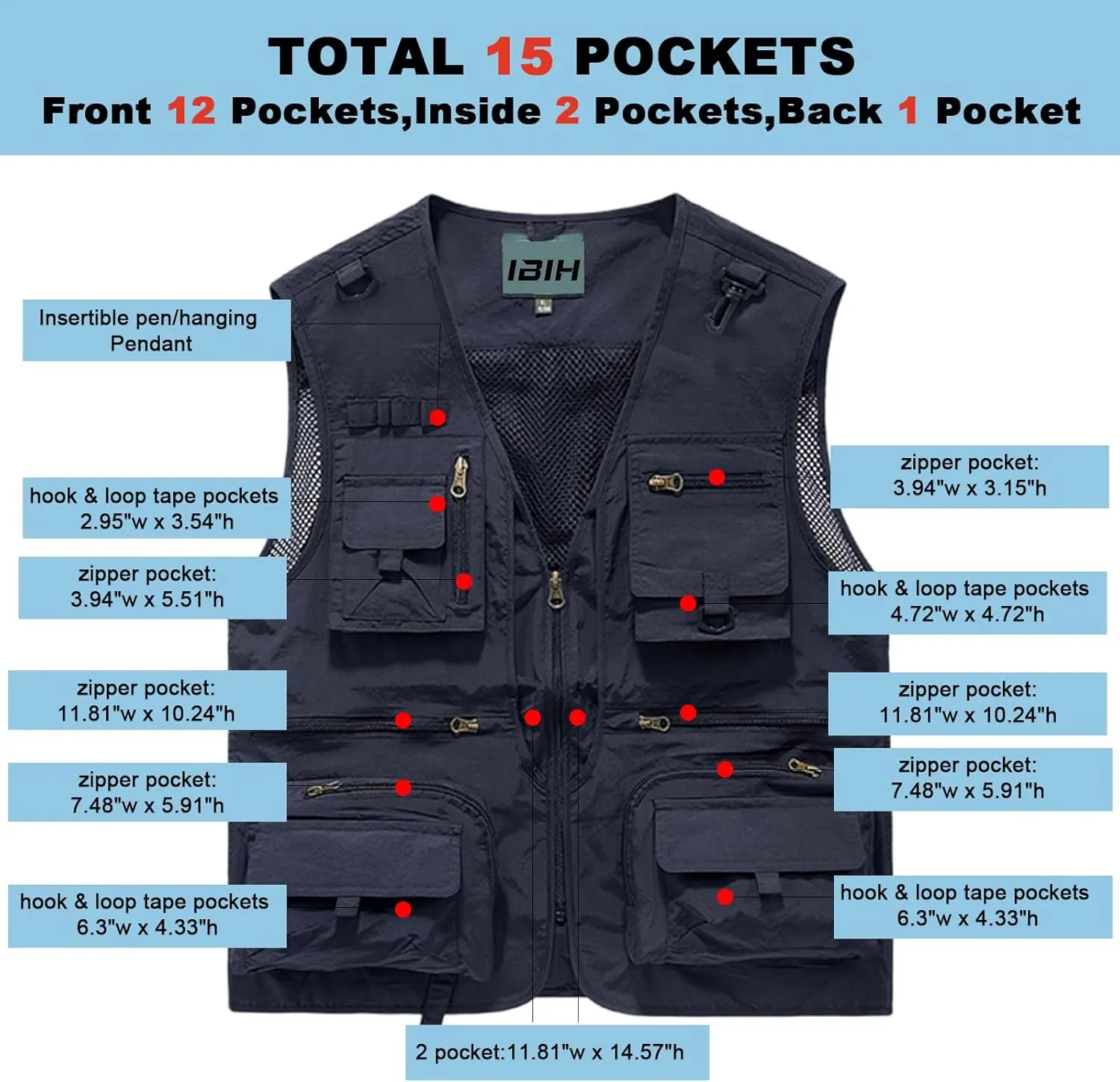 Mens Outdoor Vest Breathable Quick-Dry Fishing Vest Camping Hiking Lightweight Vest with Multi-Pocket