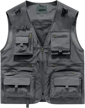 Mens Outdoor Vest Breathable Quick-Dry Fishing Vest Camping Hiking Lightweight Vest with Multi-Pocket