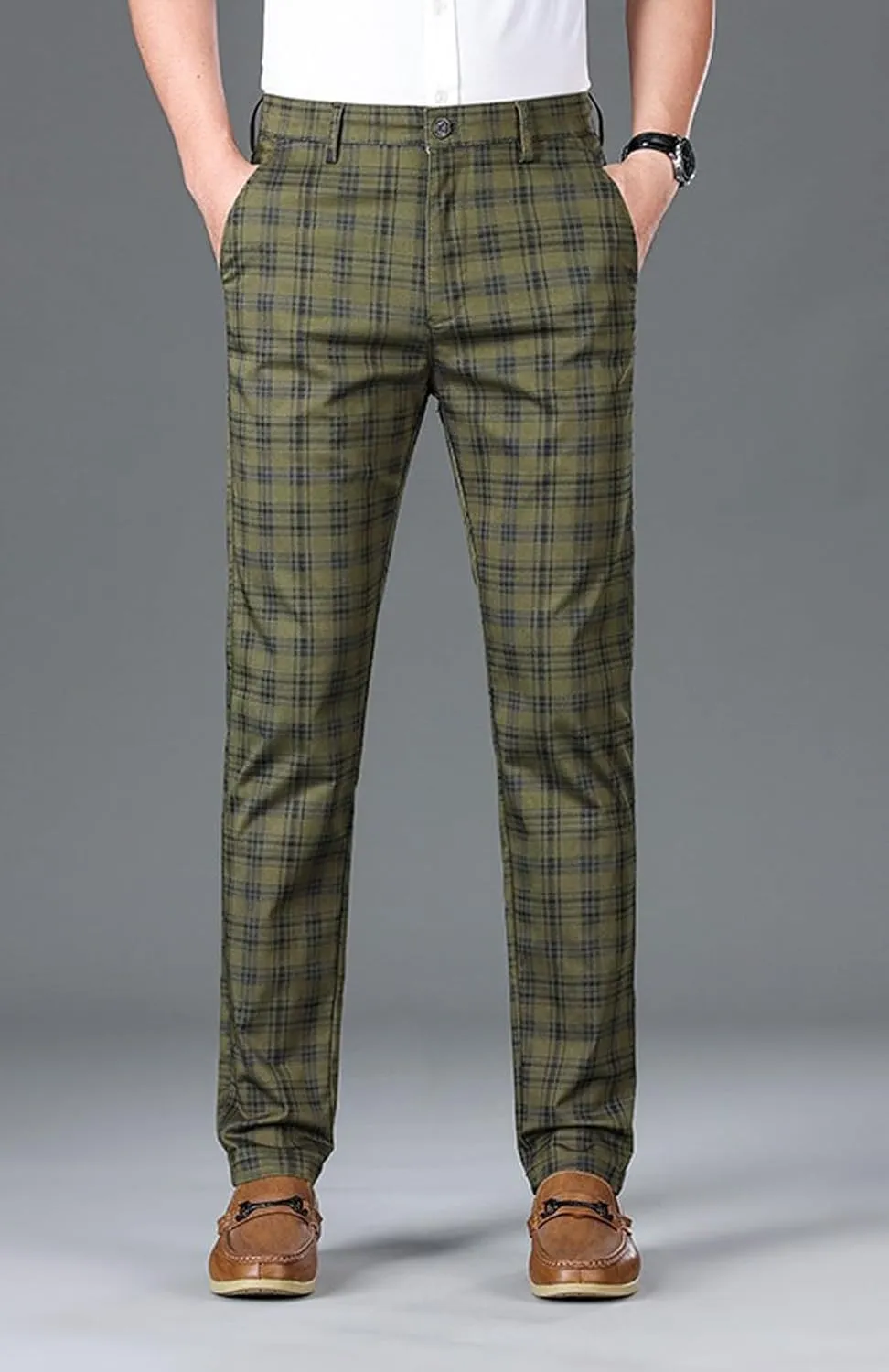 Mens Plaid Business Dress Pant  Mens Slim Fit Tapered Stretch Retro Chino Pants with Pockets for Casual Wear