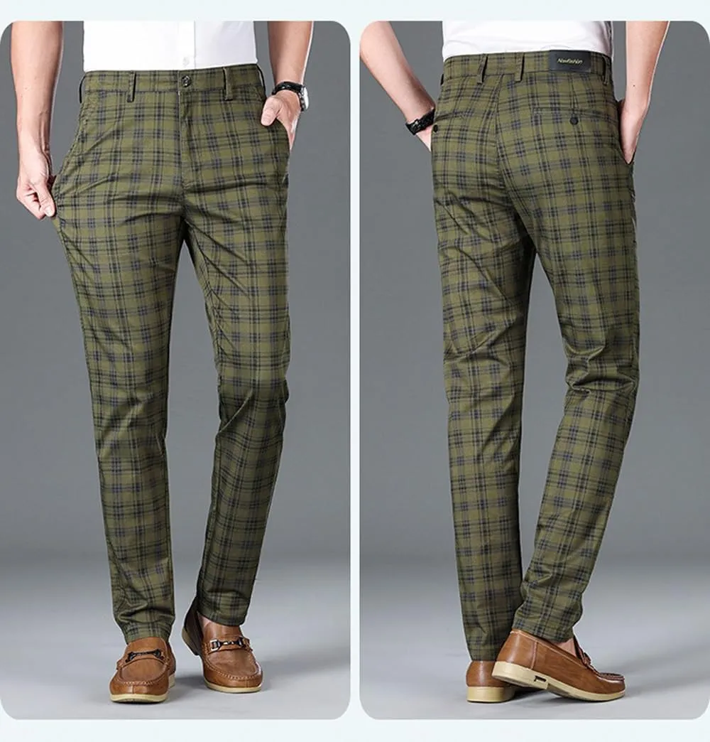 Mens Plaid Business Dress Pant  Mens Slim Fit Tapered Stretch Retro Chino Pants with Pockets for Casual Wear