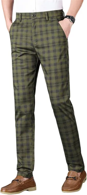 Mens Plaid Business Dress Pant  Mens Slim Fit Tapered Stretch Retro Chino Pants with Pockets for Casual Wear