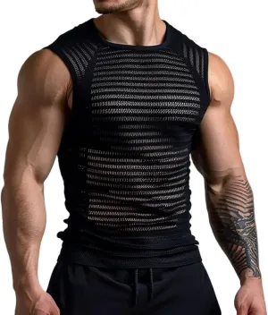 Men's See-Through Mesh Fitted T-Shirt Sleeveless Striped Top Fitness Athletic Muscle Bodybuilding Undershirt