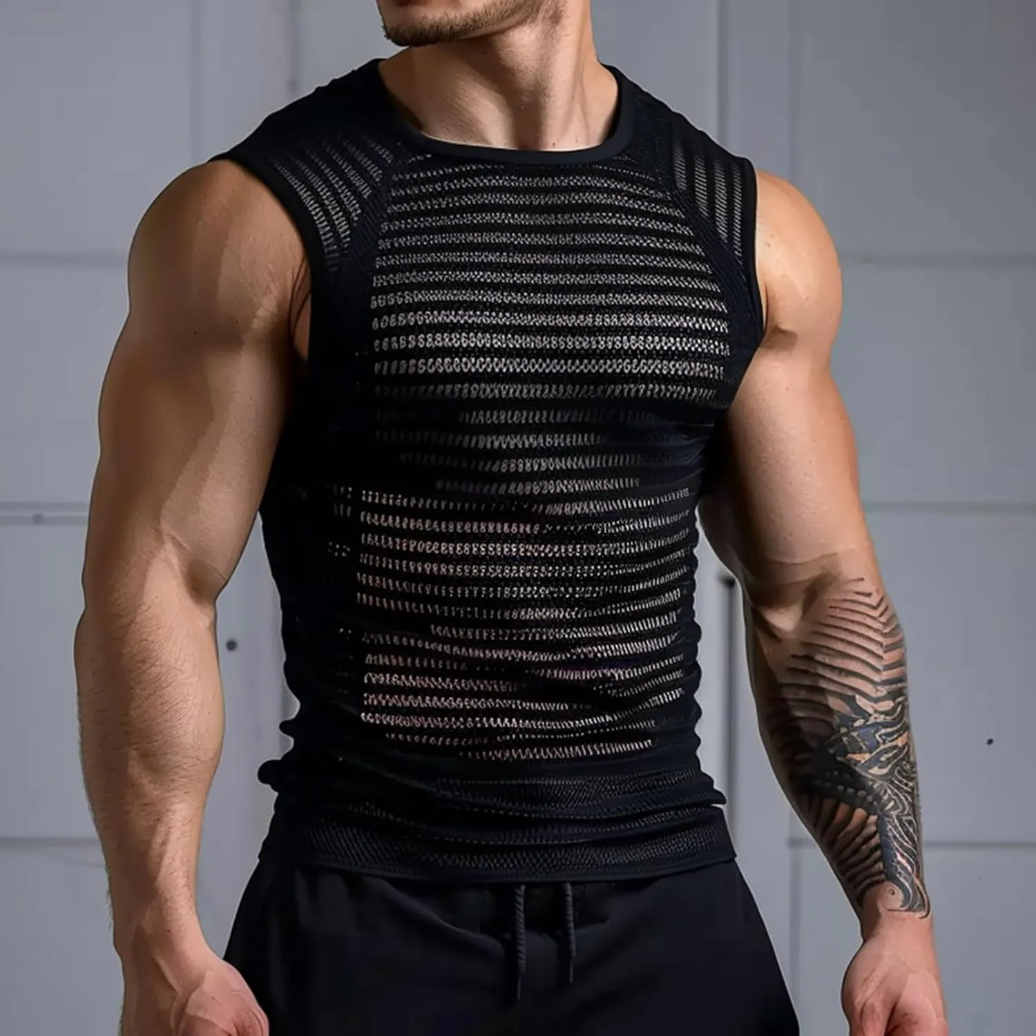 Men's See-Through Mesh Fitted T-Shirt Sleeveless Striped Top Fitness Athletic Muscle Bodybuilding Undershirt