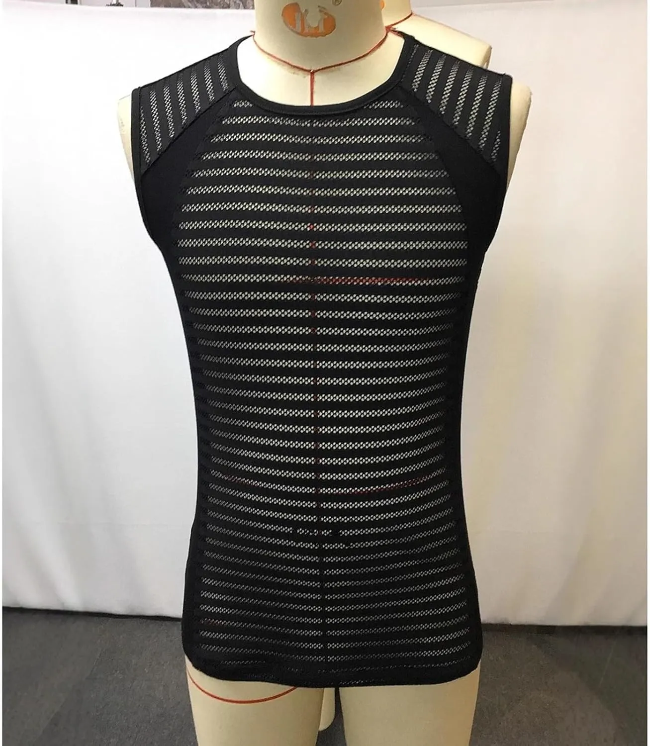 Men's See-Through Mesh Fitted T-Shirt Sleeveless Striped Top Fitness Athletic Muscle Bodybuilding Undershirt