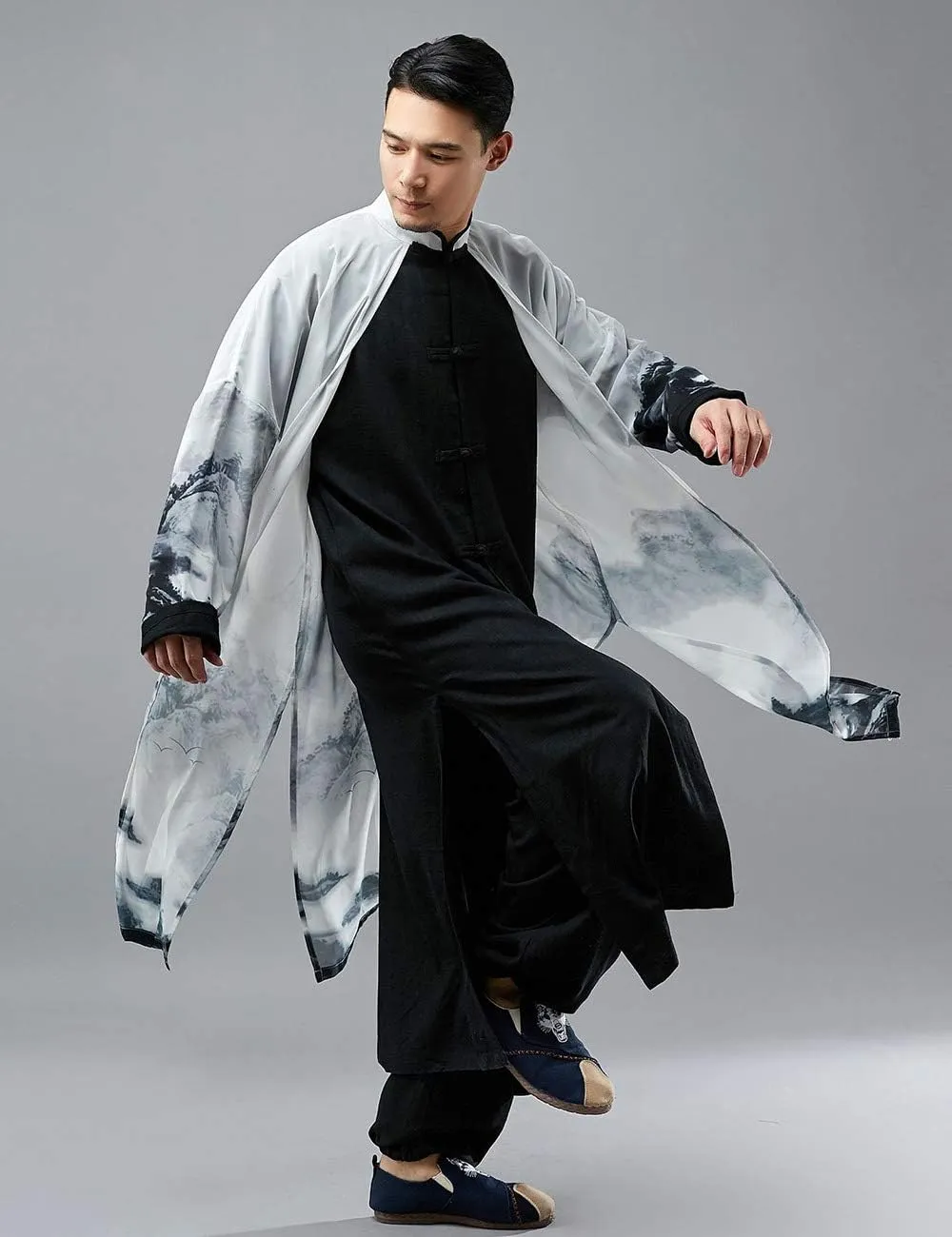 Men's Trench Coat Long Printed Tang Suit Kung Fu Cotton Linen Robe Chinese Style Fake Two Piece Jackets