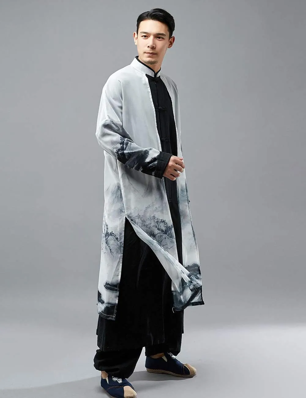 Men's Trench Coat Long Printed Tang Suit Kung Fu Cotton Linen Robe Chinese Style Fake Two Piece Jackets