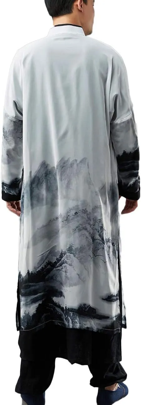 Men's Trench Coat Long Printed Tang Suit Kung Fu Cotton Linen Robe Chinese Style Fake Two Piece Jackets