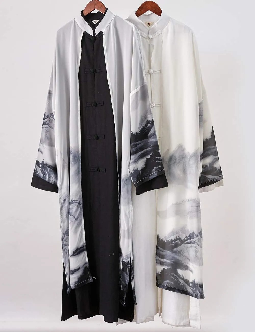 Men's Trench Coat Long Printed Tang Suit Kung Fu Cotton Linen Robe Chinese Style Fake Two Piece Jackets