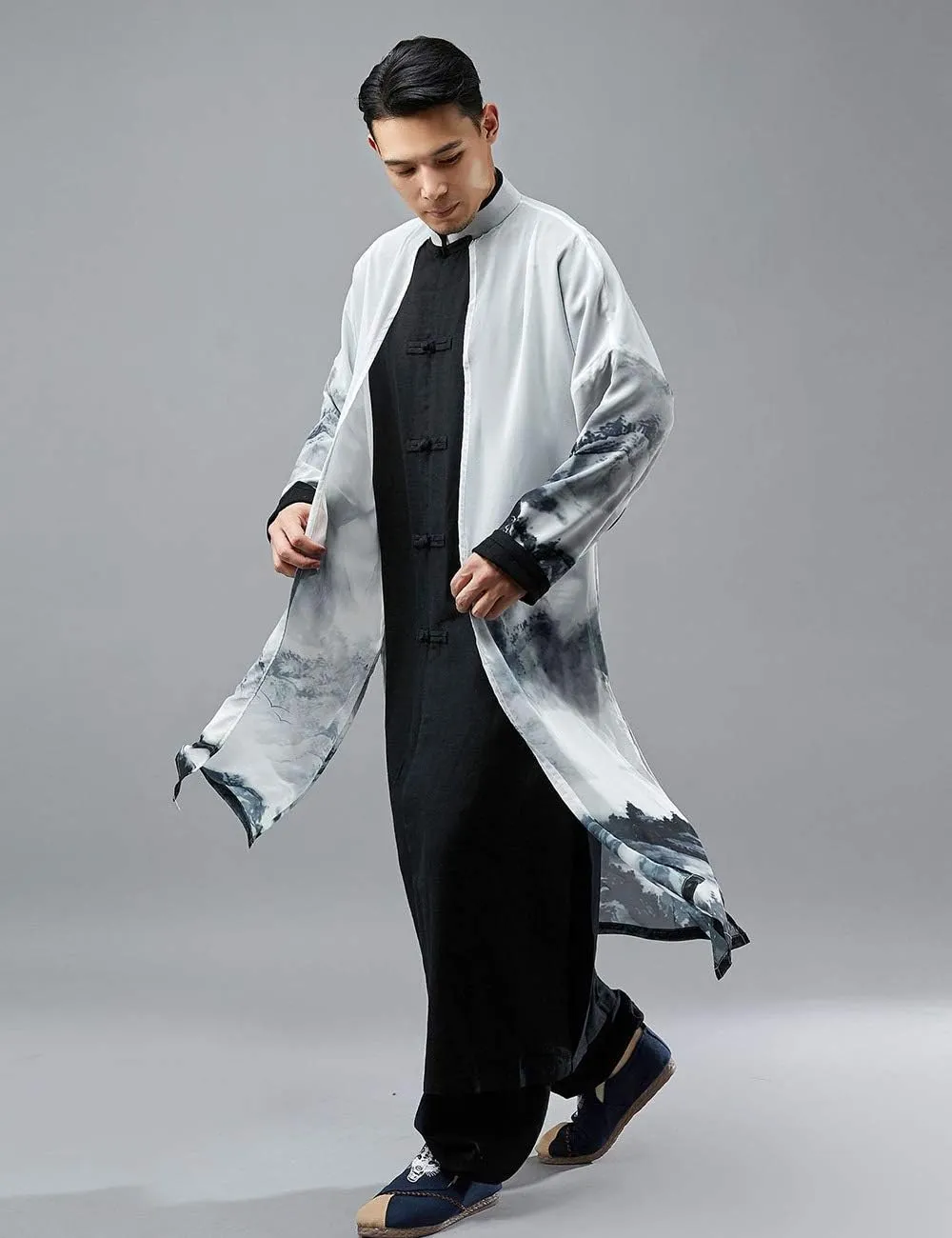 Men's Trench Coat Long Printed Tang Suit Kung Fu Cotton Linen Robe Chinese Style Fake Two Piece Jackets