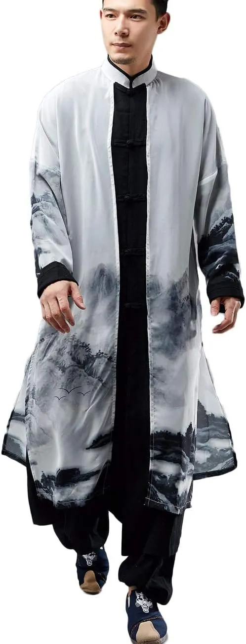 Men's Trench Coat Long Printed Tang Suit Kung Fu Cotton Linen Robe Chinese Style Fake Two Piece Jackets
