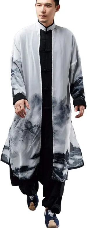 Men's Trench Coat Long Printed Tang Suit Kung Fu Cotton Linen Robe Chinese Style Fake Two Piece Jackets