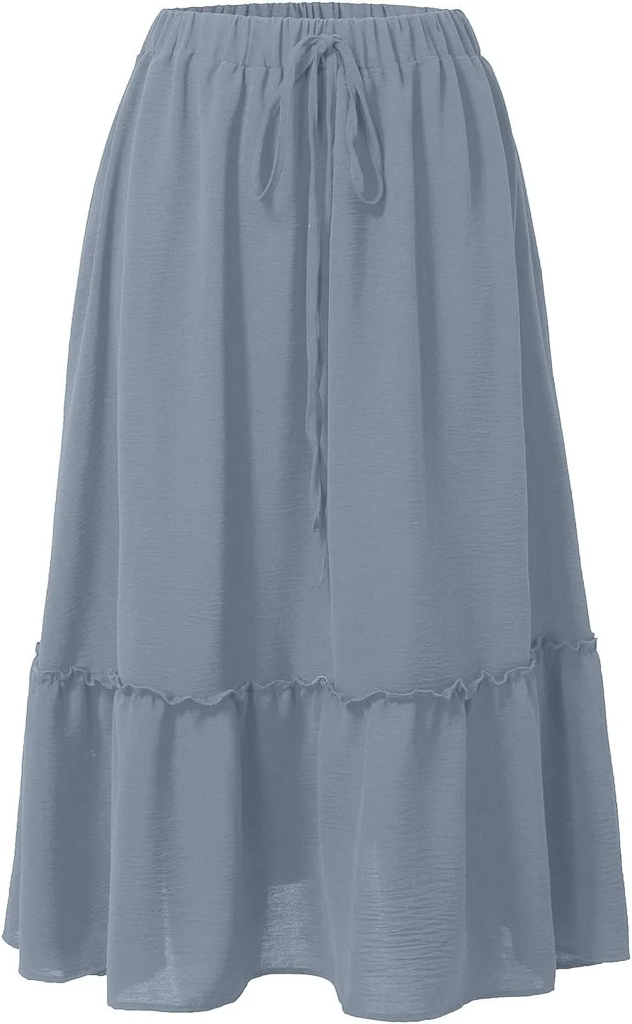 Midi Skirts for Women Casual Summer Boho Flowy Swing Ruffle Tiered A-Line Elastic Tie Waist Pleated Long Skirt Dress