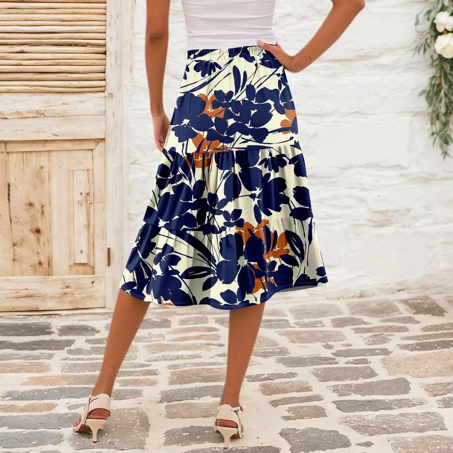Midi Skirts for Women Summer Boho Floral Flowy Tiered Pleated High Elastic Waist A Line Skirt Beach Vacation Clothes