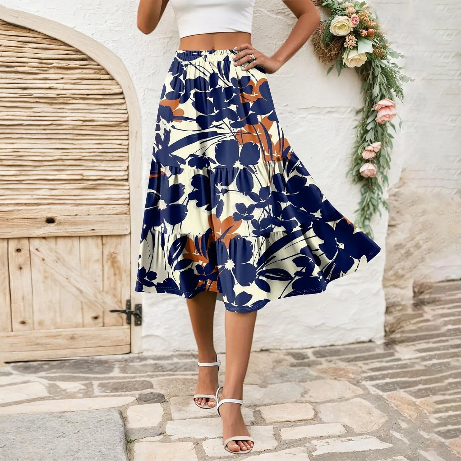 Midi Skirts for Women Summer Boho Floral Flowy Tiered Pleated High Elastic Waist A Line Skirt Beach Vacation Clothes