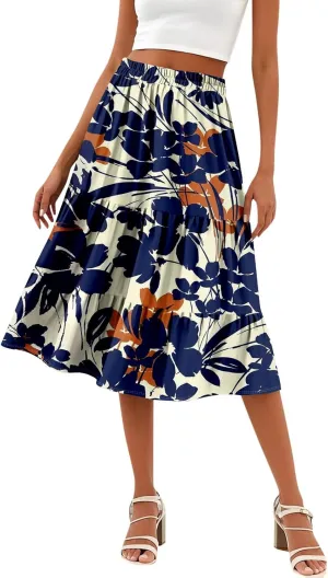 Midi Skirts for Women Summer Boho Floral Flowy Tiered Pleated High Elastic Waist A Line Skirt Beach Vacation Clothes