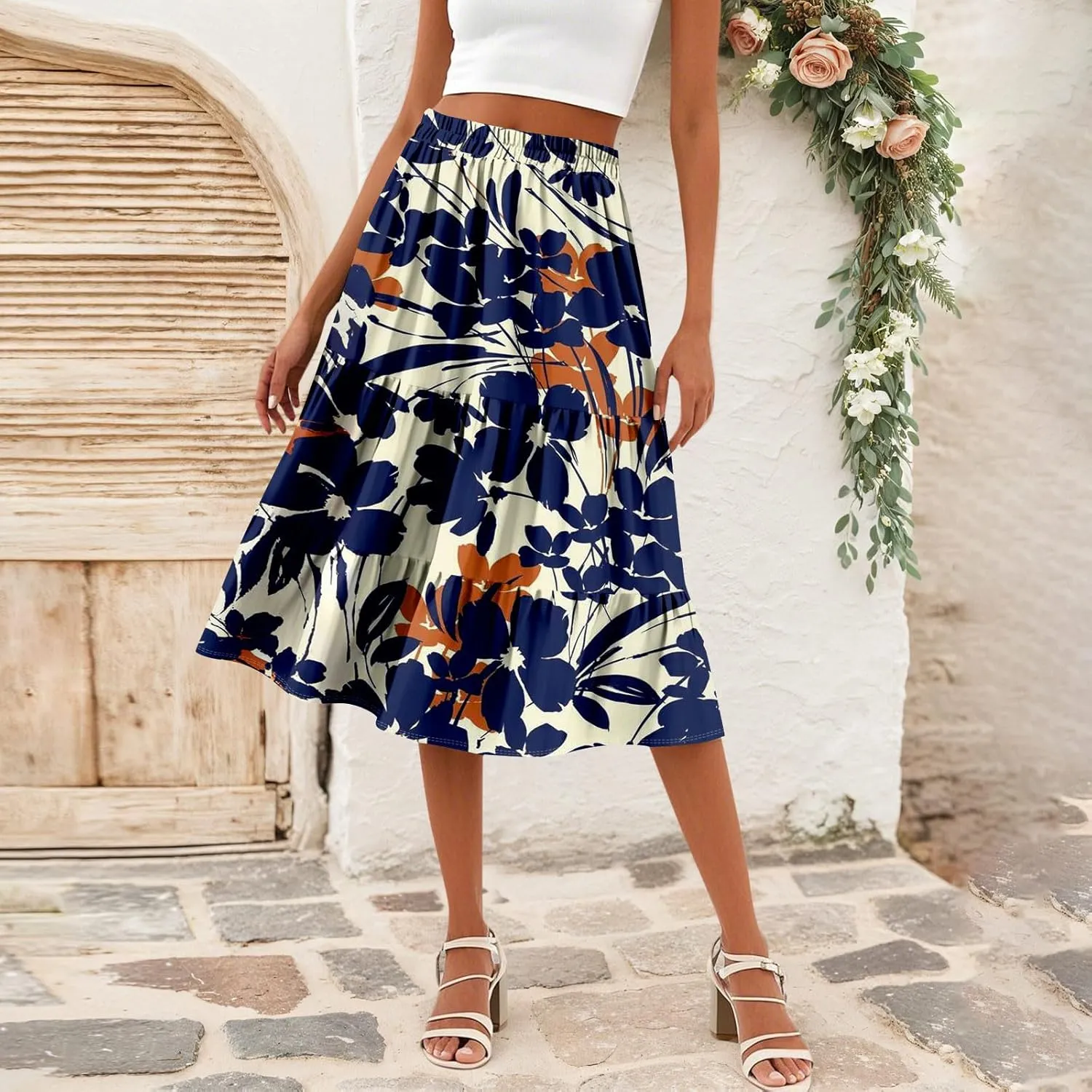 Midi Skirts for Women Summer Boho Floral Flowy Tiered Pleated High Elastic Waist A Line Skirt Beach Vacation Clothes