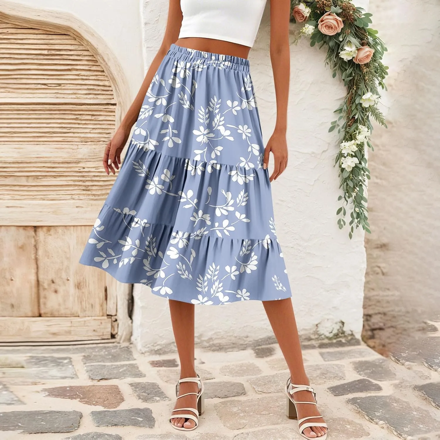 Midi Skirts for Women Summer Elastic High Waisted Floral Skirt Trendy Ruffle Tiered Cute Boho Skirt with Pockets