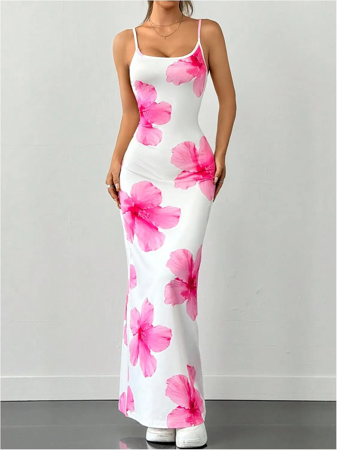 Milumia Women's Floral Print Sleeveless Bodycon Maxi Dress Spaghetti Strap Cami Long Dresses