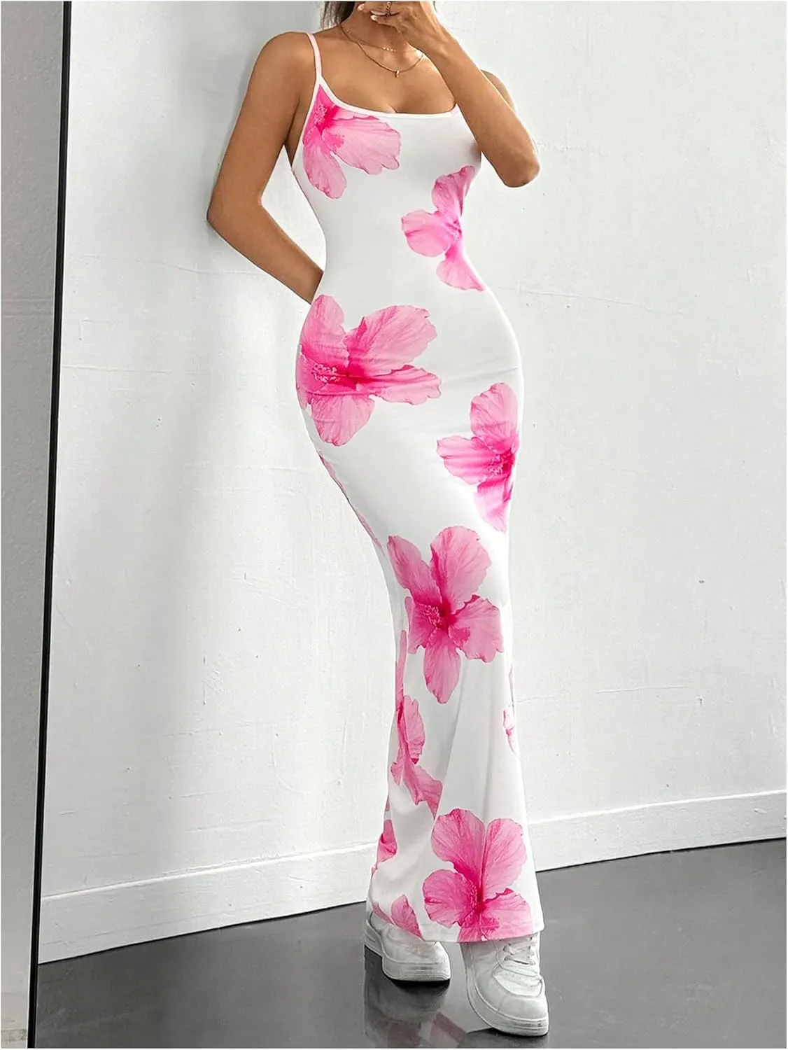 Milumia Women's Floral Print Sleeveless Bodycon Maxi Dress Spaghetti Strap Cami Long Dresses